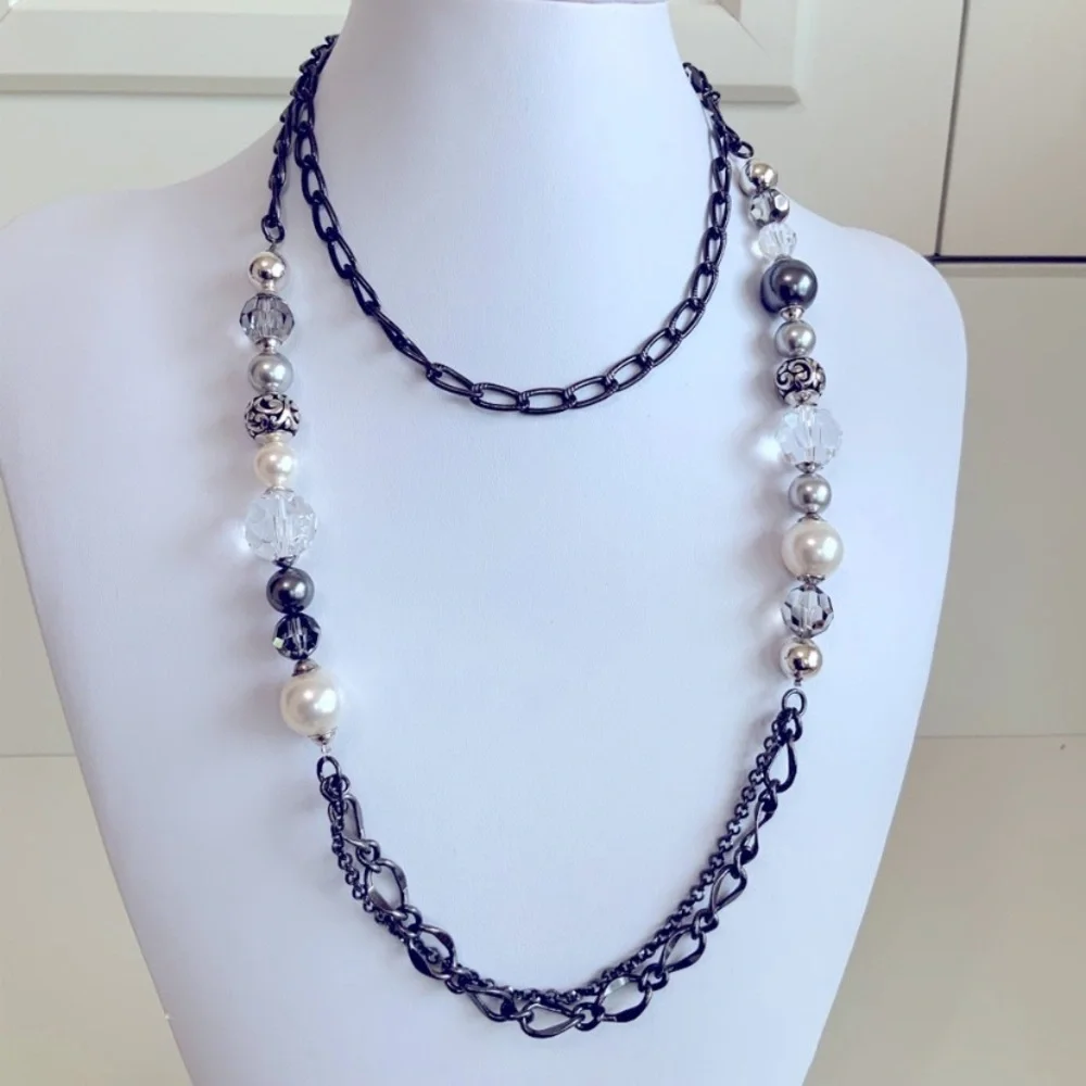 Brighton Contempo Chic Gunmetal Pearl Double Strand Necklace Earrings Matching